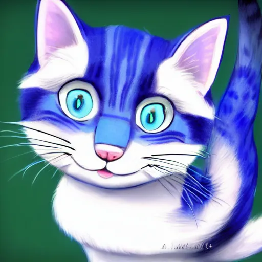 Prompt: cute blue striped cat of cheshire from alice in wonderland. an adorable cat with light blue stripes, blue eyes and a big playful smile. award - winning digital art by mona sundberg, trending on artstation