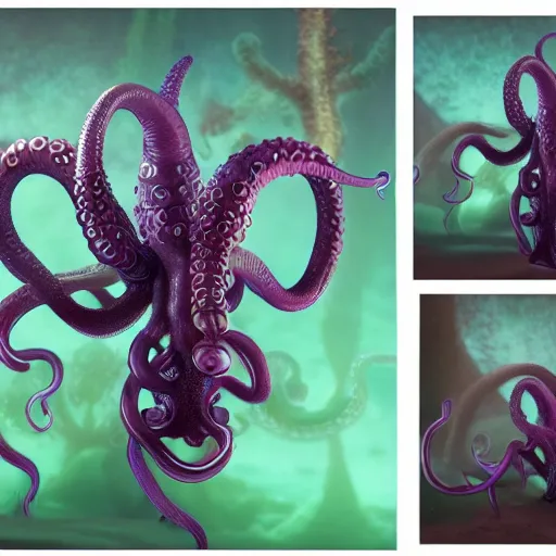 Image similar to tom bagshaw, ultra realist waves miniatures underwater curiosities squids carnival, a single very beautiful long tentacles in full underwater armor, symmetry accurate features, focus, very intricate ultrafine details, green purple aqua volumetric lights, award winning masterpiece, octane render 8 k hd