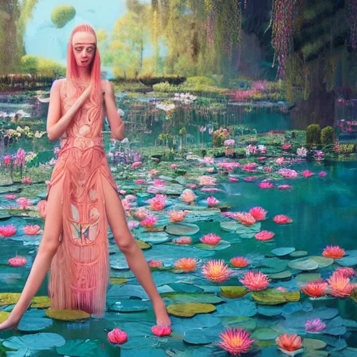 Image similar to pretty model with water lilies : : by martine johanna and simon stalenhag and chie yoshii and casey weldon and wlop : : ornate, dynamic, particulate, rich colors, intricate, elegant, highly detailed, vogue, harper's bazaar art, fashion magazine, smooth, sharp focus, 8 k, octane render
