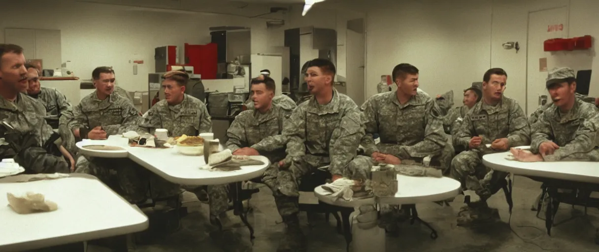 Image similar to filmic extreme wide shot movie still 4 k uhd interior 3 5 mm film color photograph of a group of soldiers relaxing in a break room in a secret military lab having a conversation