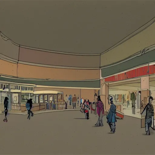 Prompt: Concept art for an abandoned mall from the 1980s