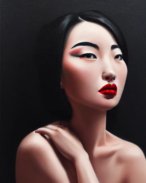 Image similar to a woman with black hair and a red lipstick, a photorealistic painting by wang duo, featured on cg society, photorealism, behance hd, ultrafine detail, high detail