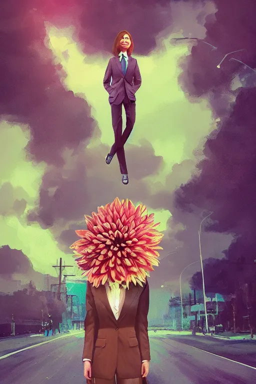 Image similar to closeup giant dahlia flower head, girl in a suit on a street, surreal photography, blue sky, sunrise, dramatic light, impressionist painting, digital painting, artstation, simon stalenhag