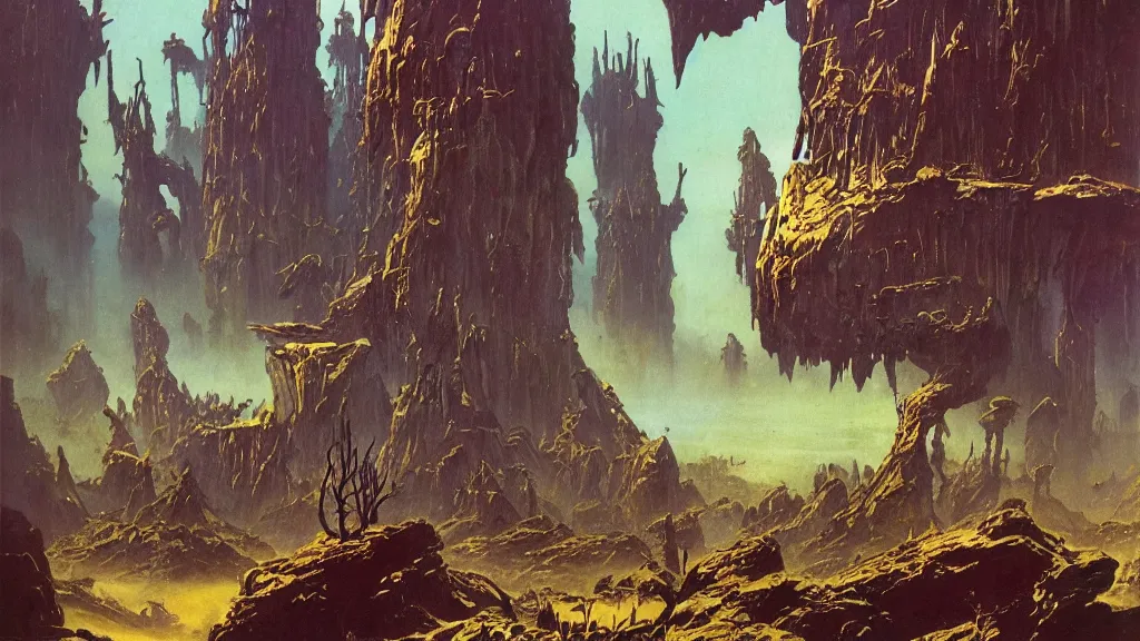 Image similar to surreal eerie alien planet empire with strange biomechanical plants by frank frazetta and bruce pennington, cinematic matte painting