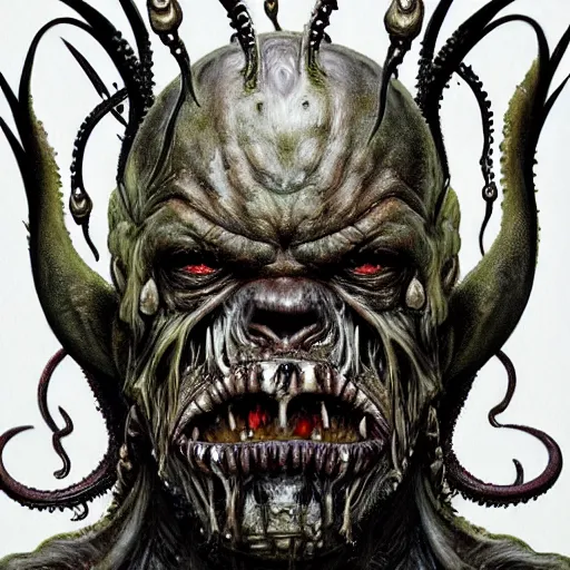 Prompt: Dark fantasy Painting of a hulking muscular demonic flesh creature covered in boils with drool dripping from its mouth, hr giger muscles, tentacles growing from its face, disgusting, creepy, unsettling, horror, upper body, intricate, wild, highly detailed, digital painting, artstation, concept art, smooth, sharp focus, illustration, art by artgerm and greg rutkowski and alphonse mucha