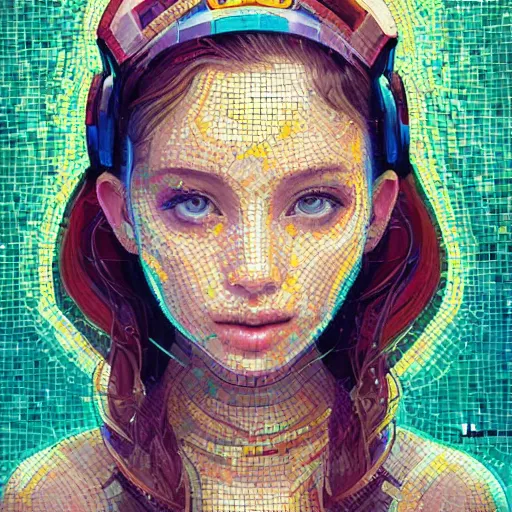 Image similar to mosaic portrait of a beautiful young girl with robot ears falling into the sun by Ross Tran, 4k, intricate details