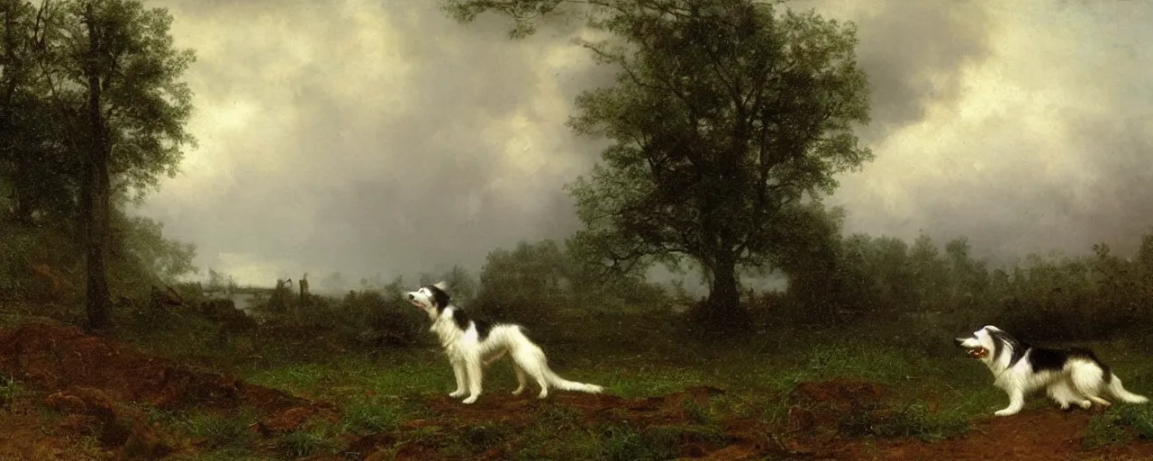 Image similar to a picture of a border collie by the lakeside in the rain, robert cleminson, carl friedrich deiker, albert bierstadt, heavy downpour, dog in the rain