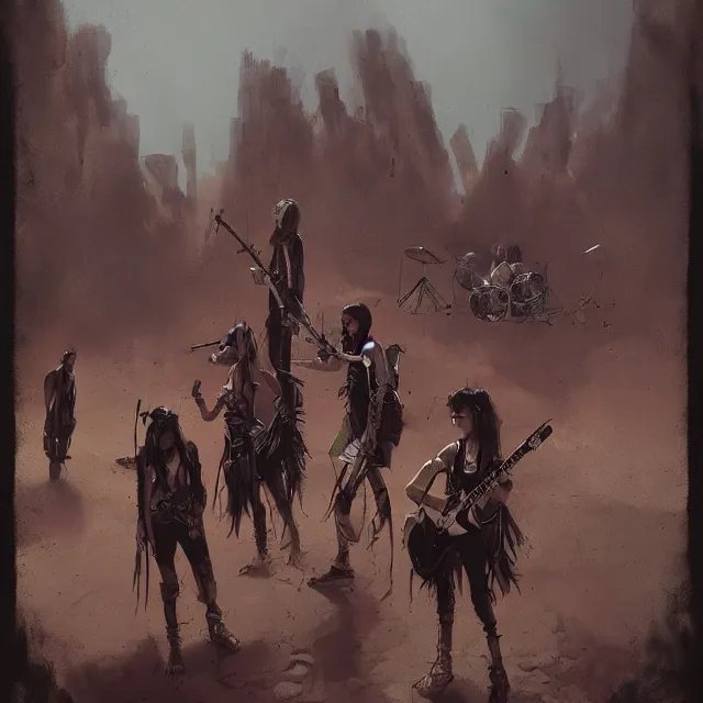 Image similar to a painting of a punk band in the desert by greg rutkowski, dark fantasy art, high detail, trending on artstation