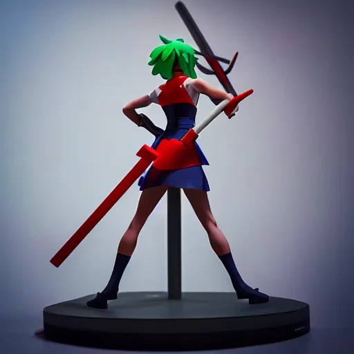 Image similar to ryuko, kill la kill character, 3 d printed on ender 3, made in light green pla, visible layer lines, inside workshop, intricate, photo shot on arriflex 3 5 ii, 1 5 0 mm, extreme detail, 4 k, bokeh soft, trending on instagram, realistic lighting, sharp focus, backlit