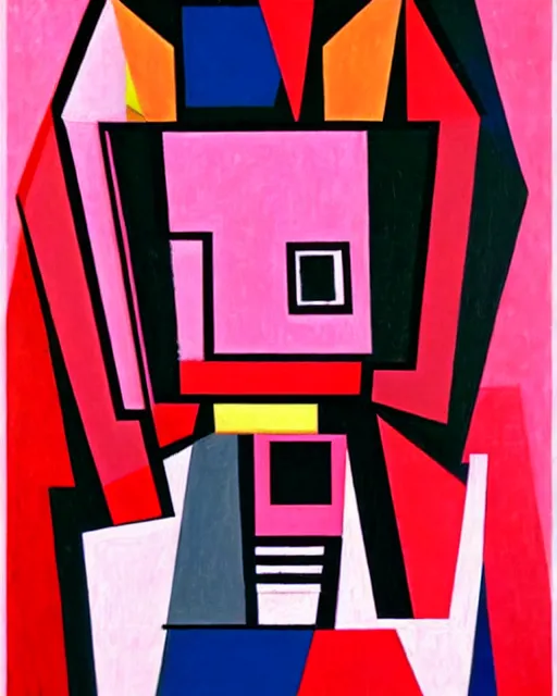 Prompt: detailed geometric pink and red cubism painting of a terrified cyberpunk robot by picasso