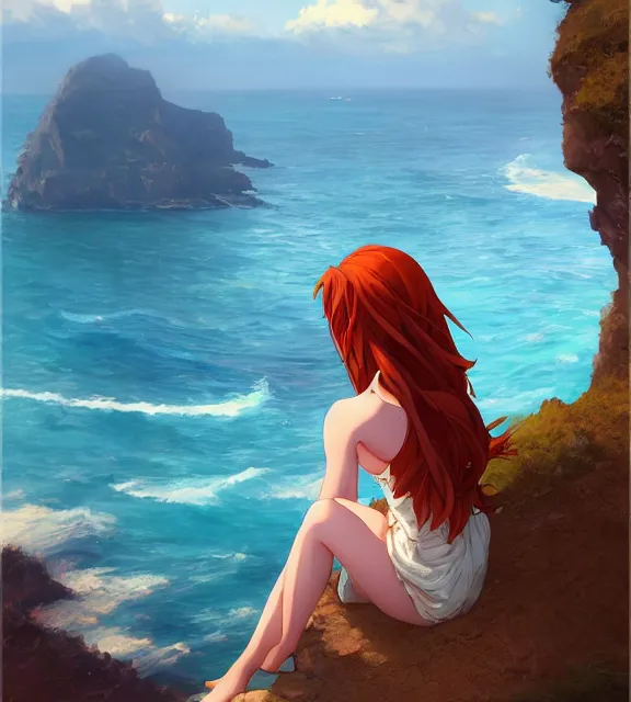 Image similar to a girl with long flowing auburn hair sitting on a cliff overlooking a beach. vivid colors, soft lighting, atmospheric, cinematic, moody, in the style of ilya kuvshinov and range murata, krenz cushart, rule of thirds, oil on canvas, 8 k.