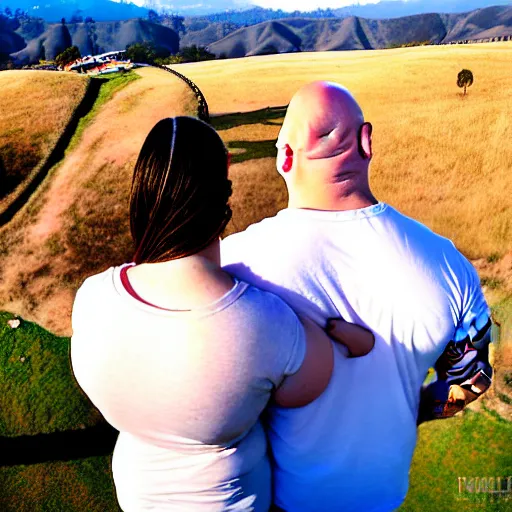 Image similar to portrait of a young chunky bald white male tattoos and his young white female brown hair wife with tattoos. male is wearing a white t - shirt, tan shorts, white long socks. female is has long brown hair and a lot of tattoos. photo taken from behind them overlooking the field with a goat pen. rolling hills in the background of california and a partly cloudy sky