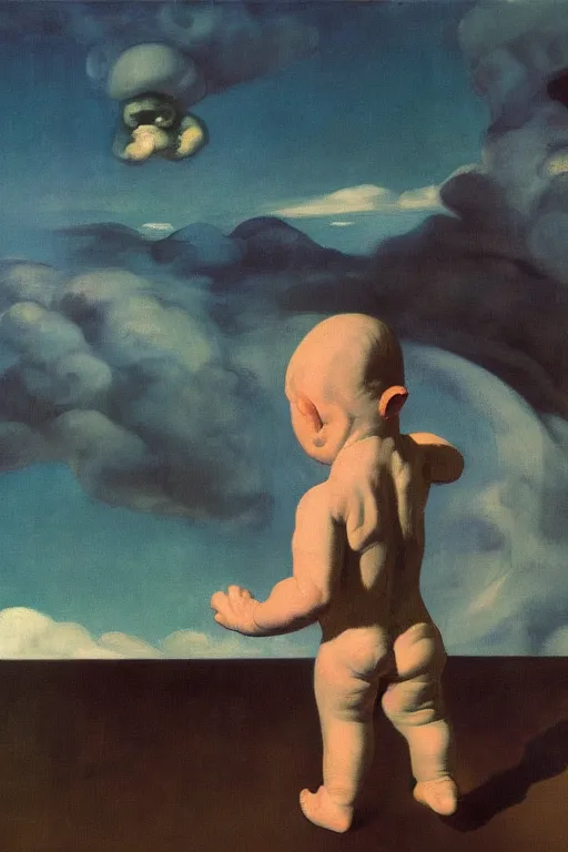 Prompt: evil human giant baby in a diaper, grows up to the sky, destroys the city under his feet, hauntingly surreal, highly detailed painting by francis bacon, edward hopper, adrian ghenie, gerhard richter, and james jean soft light 4 k,