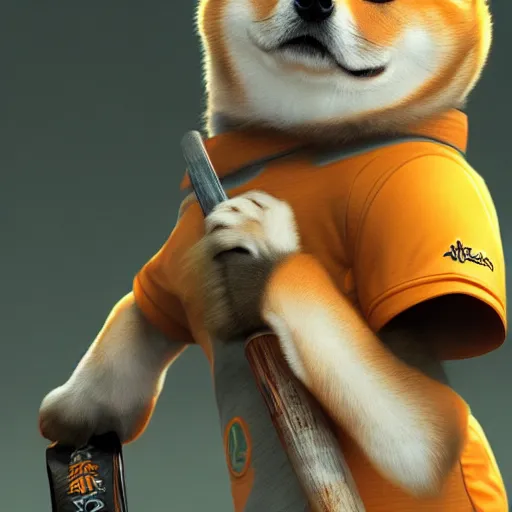 Image similar to highly detailed digital art, shiba inu holding a baseball bat on his hand, cinematic lightning, 4 k, ultra detailed, octane render, trending on artstation, masterpiece, digital art.