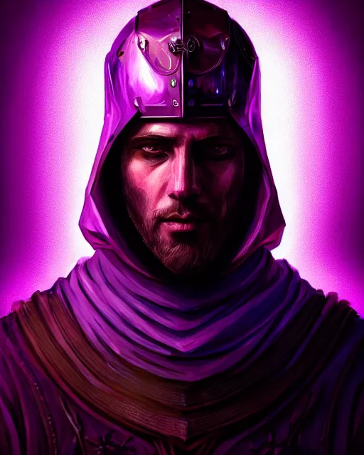 Prompt: a portrait of a medieval king, cyberpunk, purple color scheme, glowing eyes, grim - lighting, high - contrast, intricate, elegant, highly detailed, digital painting, artstation, concept art, smooth, sharp focus, illustration