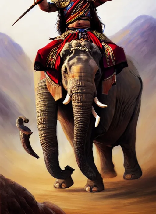 Prompt: portrait of a tai ethnic warlord rides an asian war elephant with emotional movement in the battlefield, historical, tai ethnic decoration, elegant, loin cloth, highly detailed, oil painting, artstation, concept art, matte, sharp focus, illustration, hearthstone, art by earl norem