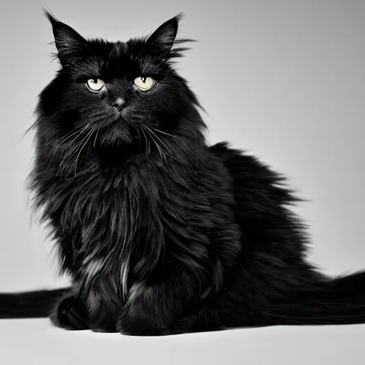 Prompt: national geographic photograph of a black american longhair cat sitting in a white room