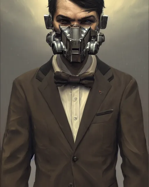 Image similar to a rugged young engineer man with cybernetic enhancements wearing a suit and bowtie, detailed face with mask, scifi character portrait by greg rutkowski, esuthio, craig mullins, 1 / 4 headshot, cinematic lighting, dystopian scifi gear, gloomy, profile picture, mechanical, half robot, implants, steampunk