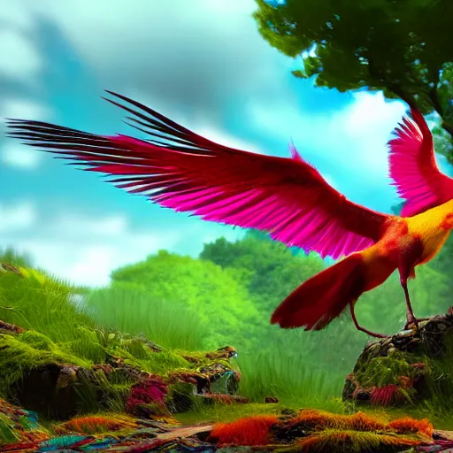 Image similar to fantasy forest, most colourful bird in philippine folklore, the magnificent, extremely beautiful ibong adarna with wings spread flying, long grand feathers, ultra - realistic, intricate details, 8 k, ultra - detailed, unreal engine five render