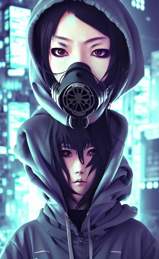 Image similar to cyberpunk anime girl in hoodie, cyberpunk gas mask, potrait, street night, grafity, beautiful face, grafity, arcane, action, tokyo street, detail, good face, pose model, concept art, in style of yoji shinkawa, pan ren wei, col price, atey ghailan, by greg rutkowski, aesthetic