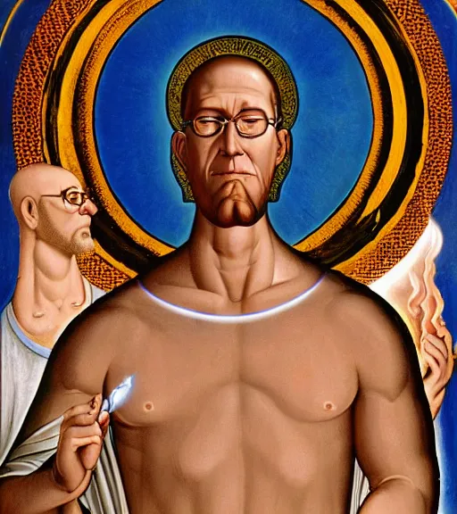 Prompt: hank hill wearing a white tshirt as the god of propane surrounded by blue fire and blue flames, renaissance religious painting, late gothic religious paintings, byzantine religious art, painting by duccio di buoninsegna and carlo crivelli, trending on artstation