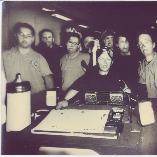 Prompt: a polaroid photo on a desk, found at an abandoned nuclear power plant, depicting the last moments of the workers, mystery, terrifying, psychopath, chilling