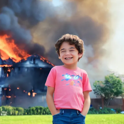 Image similar to a child smiling while an house is on fire in the background, 4k, High quality