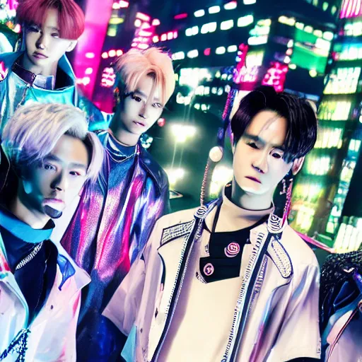 Prompt: nct 1 2 7 has a new music video with the cyberpunk concept, still imagery, high - res, 4 k,