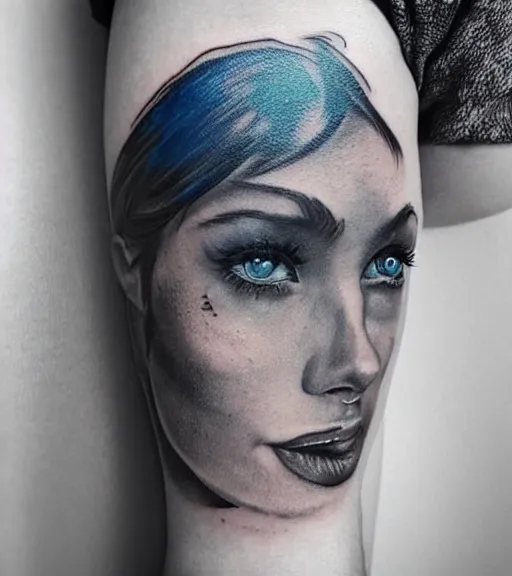 Image similar to tattoo design sketch of a beautiful blue - eyed woman face with a faded background of beautiful mountains and nature on her side, hyper - realistic, in the style of den yakovlev, amazing detail, black and white