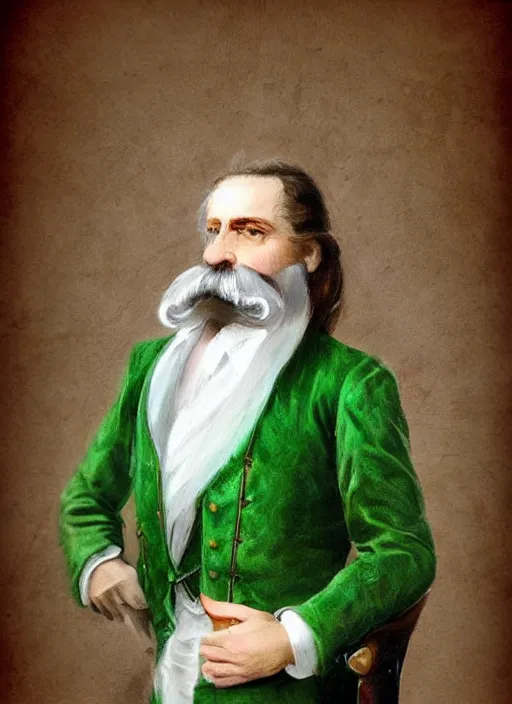 Image similar to an old french baron, long hair, wear an elegant mustach, white scarf, green shirt, by artgem, digital art, highly detailled