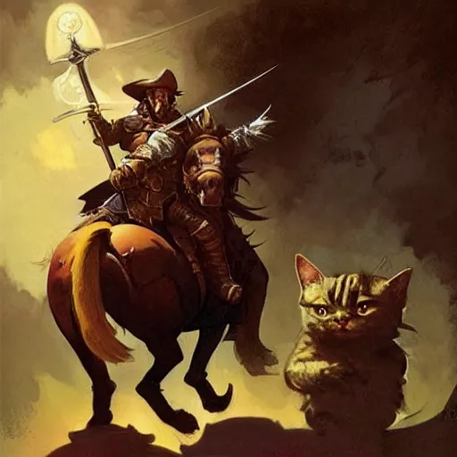 Image similar to ( ( ( brigganock dressed like a musketeer riding a tortoiseshell cat ) ) ), d & d, fantasy, medieval, greg rutkowski, frank frazetta, alexandre chaudret, boris vallejo, michael whelan, miro petrov, magali villeneuve