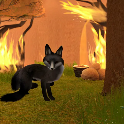 Image similar to second life in game screenshot of two black foxes sleeping next to each other in a cozy cave with a small campfire, cave lit up with fireflies and bioluminescent mushrooms, 4 k