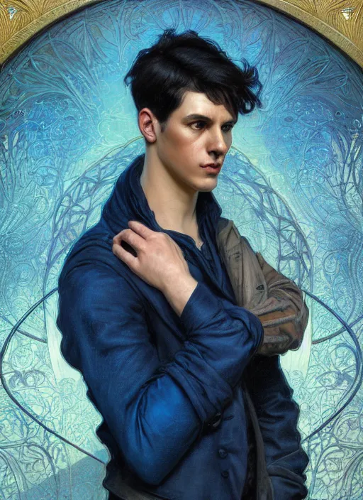 Image similar to handsome young man with short black hair, male, dressed in blue, looking down, half body shot, arms down, path traced, highly detailed, high quality, digital painting, bastien lecouffe - deharme, alphonse mucha, art nouveau