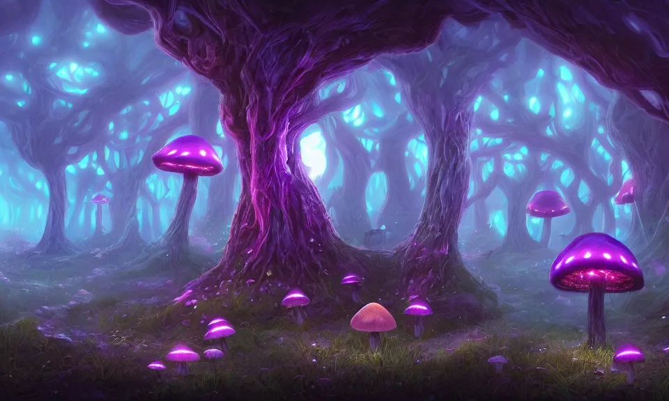 Image similar to bioluminescent mushroom forest, digital art, concept art, fantasy art, highly detailed, hd wallpaper, artstation, deviantart, behance