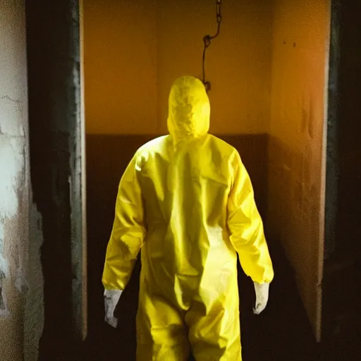 Image similar to a man wearing a yellow hazmat suit inside the very dark lighting empty unsettling creepy backrooms, liminal space, eerie mood, horror movie scene