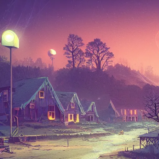 Image similar to dreamlike photo of a sparse village near a river and intertwined with nature, defunct technology, by Moebius by Simon Stålenhag, 4k wallpaper, high details, blur, motion blur, volumetric lighting, dynamic, synthwave, 80s , retro