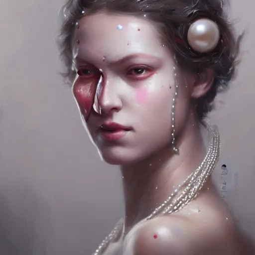 Image similar to a woman with pearls replacing eyes and glittering skin, a detailed painting by greg rutkowski and raymond swanland, featured on cgsociety, fantasy art, detailed painting, artstation hd, photorealistic