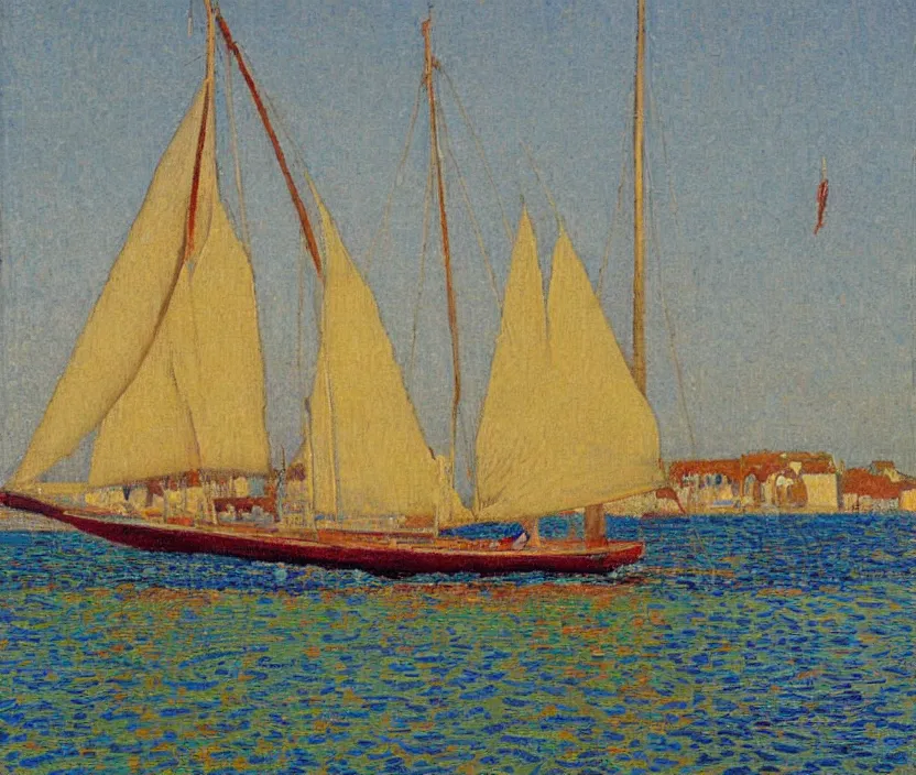 Prompt: van Rysselberghe painting of a single mast sailboat