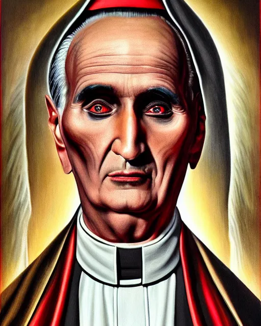 Image similar to photorealist painting of demonic catholic cardinal aloysius stepinac, gothic, horror, vivid dark colors, high production value, intricate details, high resolution, hyperrealistic, hdr, high definition, masterpiece, ultra realistic, highly detailed, hd, sharp focus, non blurry, sharp, smooth