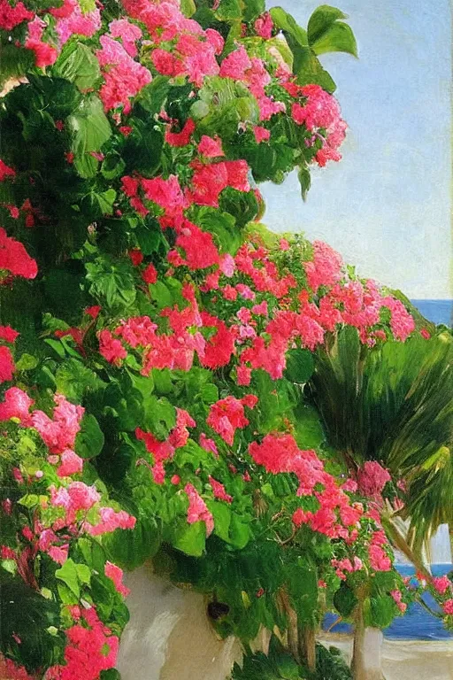 Image similar to beach, rose floating on the sea, a sun in the sky bougainvillea palms, painting by john singer sargent