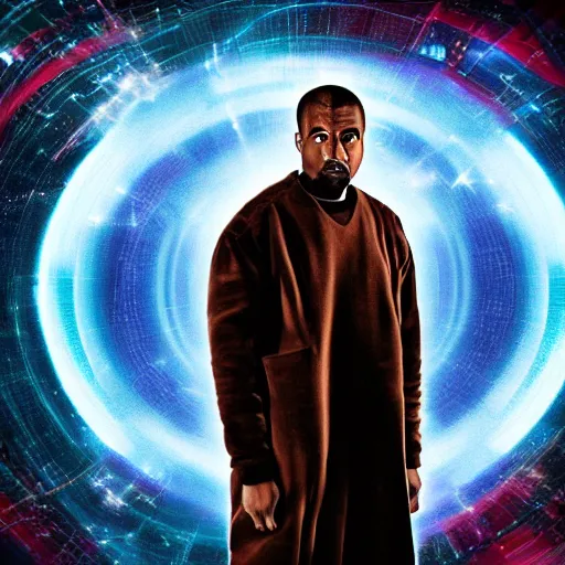 Image similar to a full body photograph of kanye west as'doctor who ', time vortex in the background, detailed face, symmetrical face, extreme realism and detail, 8 k, completely framed, direct lighting, 3 5 mm photo, photorealistic, sharp focus