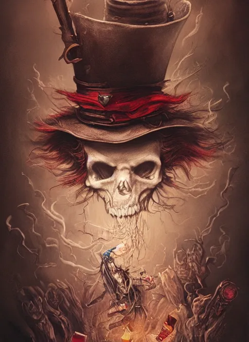 Image similar to Mad hatter big cloud of smoke, drinking whisky, death tarot card,highly detailed,half skull face,cinematic,8k,by Stanley Artgermm,Tom Bagshaw,Greg Rutkowski,Carne Griffiths, Ayami Kojima, Beksinski, Giger,trending on DeviantArt,hyper detailed,horror, full of colour