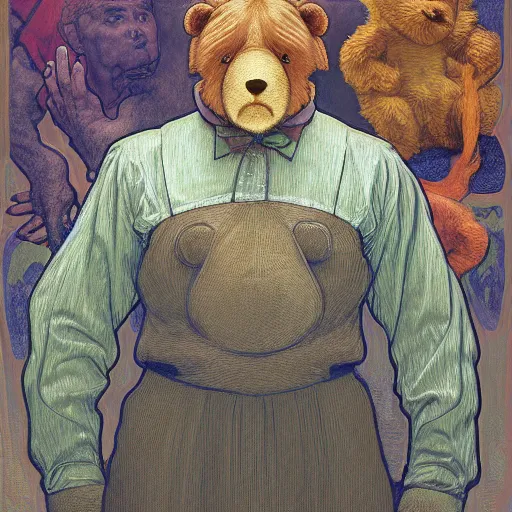 Image similar to a portrait of anthropomorphic teddy bear, looking at the viewer, hands crossed, centered, detailed, digital painting, artstation, concept art, donato giancola, Dante Gabriel Rossetti, alphonse mucha, Joseph Christian Leyendecker, WLOP, Boris Vallejo, Annie Leibovitz and Steve McCurry, David Lazar, Jimmy Nelsson, Breathtaking, 8k resolution, extremely detailed, beautiful, artistic, hyperrealistic, octane render