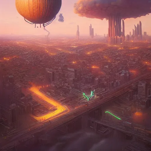 Prompt: giant diarrhea over city by simon stalenhag, d & d, fantasy, digital painting, unreal engine 5, photorealism, hd quality, 8 k resolution, cinema 4 d, 3 d, cinematic, professional photography, art by artgerm and greg rutkowski and alphonse mucha and loish and wlop