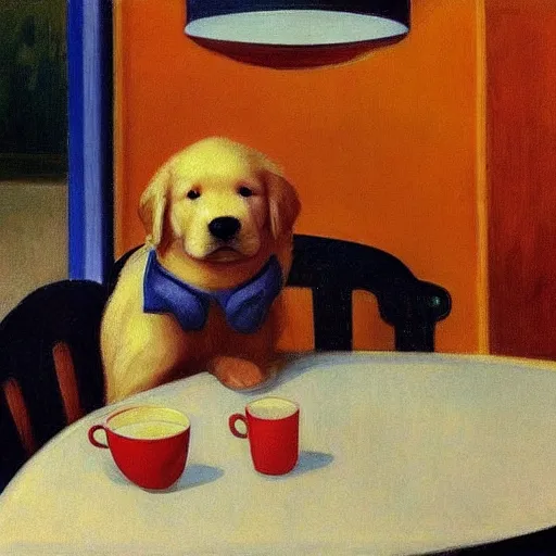 Image similar to golden retriever puppy sitting at a diner drinking a cup of coffee, looking melancholy, Edward Hopper