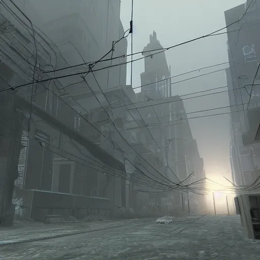 Image similar to a photo from the bottom of half life 2's combine citadel, with the wires hanging from the buildings towards the citadel, in a lightly foggy day