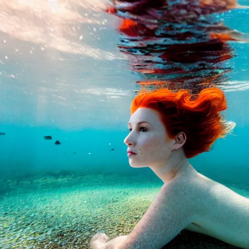 Prompt: low angle underwater still of a beautiful redhair model looking off into the distance, long curvy hairstyle, beautiful medium aquamarine eyes, spots of foxing, with a soft natural undersea golden hour rays of light falling on her face. focus is on her eyes and browsl, water refraction, fujifilm x - pro 2. by annie leibowitz