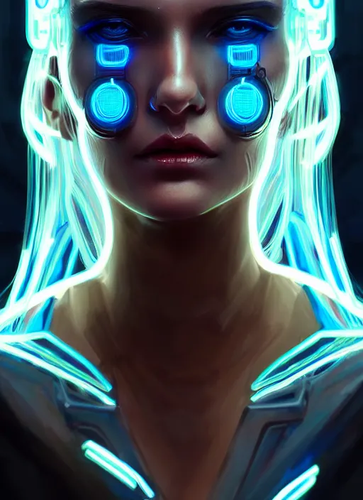 Image similar to portrait of female cyberpunk humanoid, transparent acrylic fashion wear, intricate, elegant, cyber neon lights, highly detailed, digital photography, artstation, glamor pose, concept art, smooth, sharp focus, art by artgerm and greg rutkowski