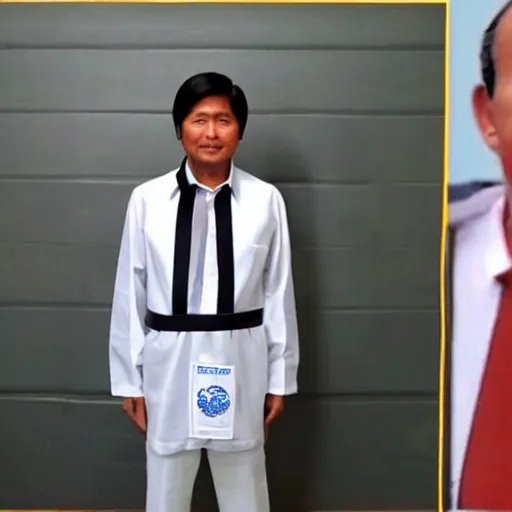 Prompt: full body mugshot photo of BongBong Marcos wearing a prisoner outfit, realistic,