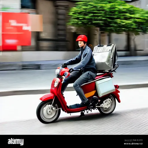 Prompt: advertisement delivery driver on moped delivering packages, extremely high quality, artistic rendering, cartoon, sharp, no blur, edited, white background